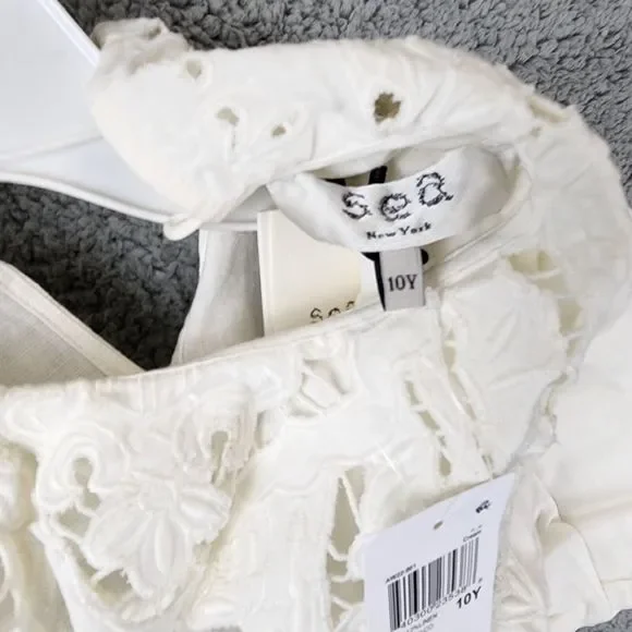 SEA NY Anita Eyelet Linen Blend Puff Sleeve Dress Girls 10 Cream Button Closure~ - Picture 5 of 11